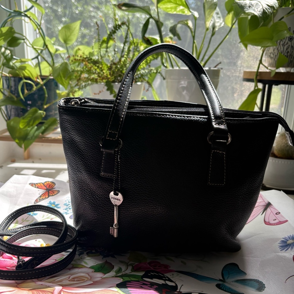 Fossil Black Pebbled Leather Satchel with Key Charm